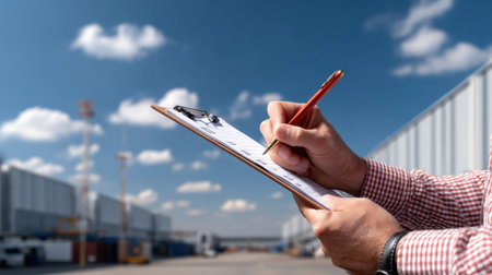 A man is writing on a clipboard in front of a large building. The clipboard is brown and the man is holding a red pen. The scene suggests that the man is taking notes or making a listの素材