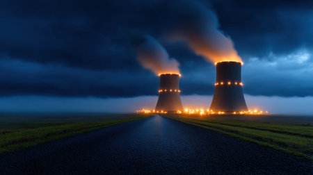Two nuclear power plants are lit up in the dark, with smoke billowing from them. The scene is ominous and foreboding, with the smoke and the darkness creating a sense of danger and uneaseの素材