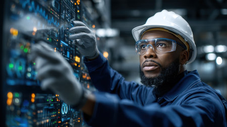 A man in a blue jacket is wearing a hard hat and safety glasses while looking at a computer screen. He is pointing at the screen, possibly indicating something important or interestingの素材
