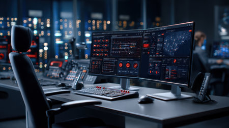 A computer monitor displays a large screen with a man sitting in front of it. The man is wearing a black suit and he is working on a computer. The room is dimly litの素材