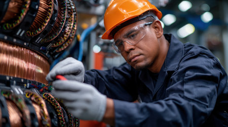 A man in a safety helmet is working on a machine. He is wearing gloves and goggles. The machine is surrounded by wires and other electrical components. The man is focused on his workの素材