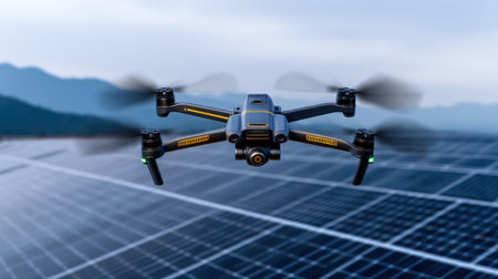 A drone is flying over a solar panel field. The drone is black and yellow. The sky is blue and the mountains are in the backgroundの素材
