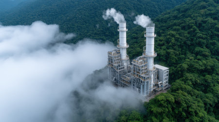 A large industrial plant with two tall smokestacks is visible in the sky. The smoke from the plant is rising into the air, creating a hazy atmosphere. Concept of industrial activityの素材