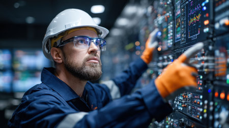 A man in a blue shirt and white hat is looking at a computer screen. He is wearing safety glasses and orange glovesの素材