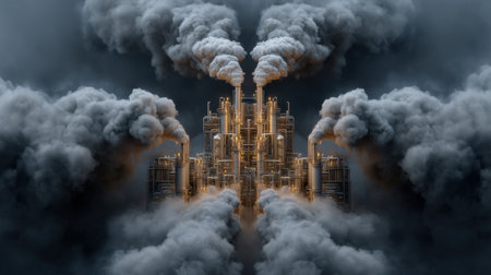 A large industrial building with smoke coming out of it. The smoke is thick and dark, creating a mood of danger and destructionの素材