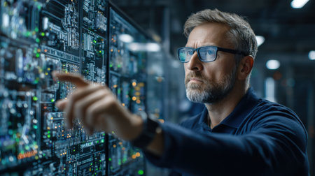 A man is pointing at a computer monitor with a finger. He is wearing glasses and he is focused on the screenの素材