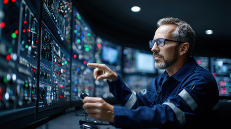 A man in a blue shirt is pointing at a computer monitor. He is wearing glasses and he is focused on the screenの素材
