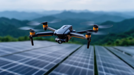 A drone is flying over a solar panel field. The drone is black and orange. The sky is blue and the mountains are in the backgroundの素材