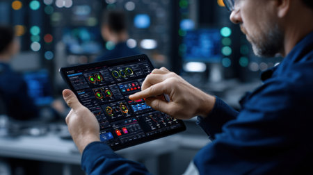 A man is using a tablet to point at a screen with a lot of numbers and graphs. Concept of focus and concentration as the man navigates through the dataの素材