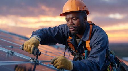 A man in a blue and orange safety suit is working on a solar panel. He is wearing a hard hat and glovesの素材