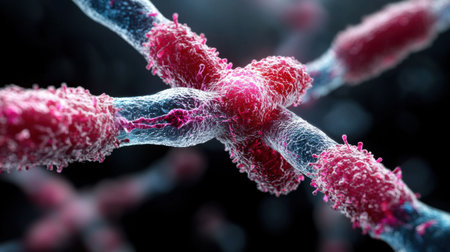 A close up of a cell with a pink and blue color. The cell is made up of many small parts, and it looks like it is a cross section of a cell. The image has a scientific feel to itの素材