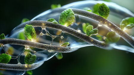 A DNA strand is shown with green leaves growing out of it. Concept of growth and evolution, as the DNA strand is the blueprint for life and the leaves represent the potential for new life to growの素材