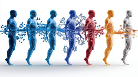 A group of people are standing in a line, with some of them being blue and others being red. Concept of unity and harmony, as the people are all connected by a common threadの素材