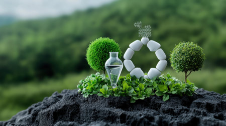 A vase with a green plant in it is placed on a rock. The rock is surrounded by a bush and a tree. Concept of nature and tranquilityの素材