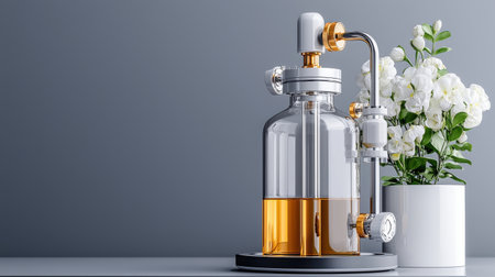 A glass container with a yellow liquid inside is placed on a table next to a white vase with white flowers. Concept of elegance and sophistication, with the glass containerの素材