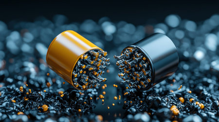 Two pills are shown in a close up, one yellow and one black. The pills are surrounded by a lot of small, metallic objects, giving the impression of a broken pill. The scene is dark and moodyの素材