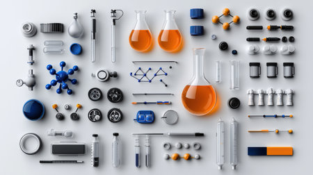 A collection of scientific equipment and glassware, including beakers, test tubes, and vialsの素材