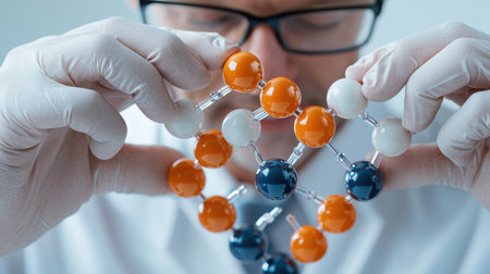 A man in a lab coat holding a molecule with orange and blue balls. Concept of scientific discovery and explorationの素材