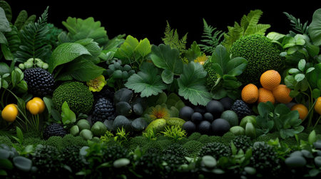 A lush green garden with a variety of fruits and vegetables. Scene is peaceful and serene, with the abundance of greenery and colorful produce creating a sense of abundance and vitalityの素材