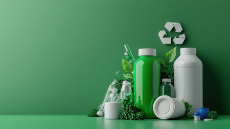 A green wall with a white recycling symbol and a variety of green and white bottles and containers. The bottles and containers are arranged in a way that suggests they are being recycledの素材