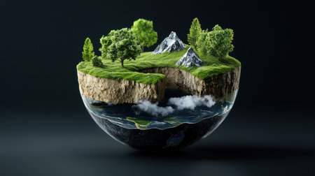 A small globe with a mountain range and trees on it. The globe is surrounded by a dark backgroundの素材