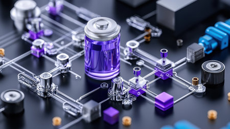 A computer chip with a purple battery on it. The battery is surrounded by a network of wires and other electronic components. Concept of technology and innovationの素材