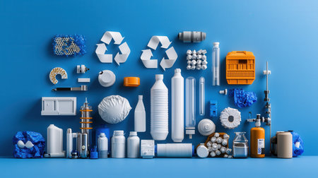 A blue background with a lot of different items scattered around it. The items include bottles, cans, and other objects. Scene is chaotic and disorganized, with no clear pattern or order to the itemsの素材