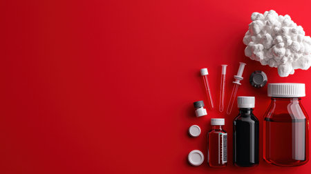A red background with various bottles and vials on it. The bottles and vials are of different sizes and colors, and they are arranged in a way that creates a sense of chaos and disorderの素材