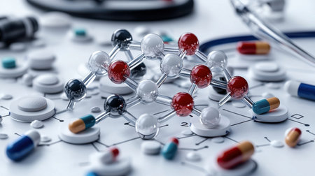 A bunch of pills and a medical instrument are on a table. The pills are of different colors and shapes, and the instrument is a stethoscope. Concept of medical care and attention to detailの素材