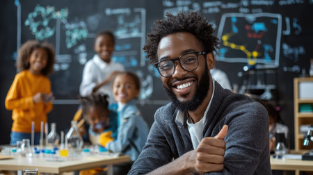 A man with glasses is smiling and giving a thumbs up in front of a blackboard with various diagrams and equations. The scene appears to be a classroom setting, with several childrenの素材