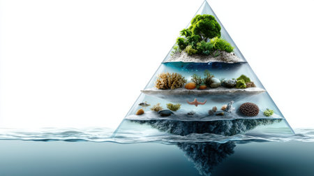 A pyramid made of water and plants. The pyramid is made of different layers, each with a different type of plant and sea creature. Concept of wonder and awe at the beautyの素材