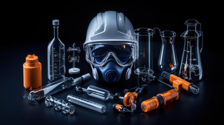 A collection of lab equipment and a helmet. The helmet is white and has a blue visor. The lab equipment includes beakers, test tubes, and bottles. Scene is scientific and professionalの素材