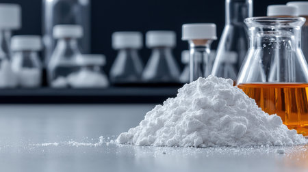 A white powder is sitting on a table next to a clear glass vase. The powder is white and he is a fine, powdery substance. The vase is tall and slender, with a narrow neck and a wide baseの素材