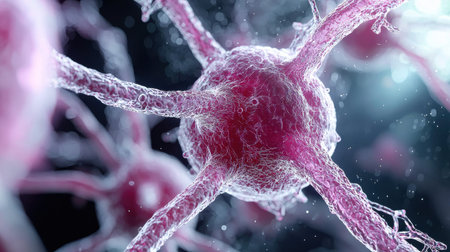 A close up of a pink cell with a purple nucleus. The cell is surrounded by a web of pink and purple strandsの素材