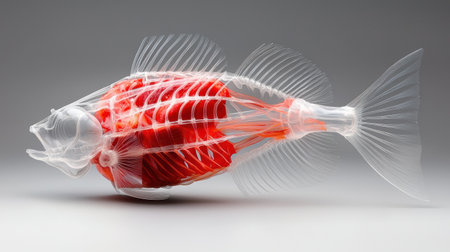 A fish skeleton is shown with red flesh in the middle. The skeleton is made of clear plastic and is very detailed. The fish appears to be a rare and exotic speciesの素材