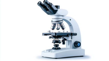 A scientific instrument, a microscope, is displayed on a white background. The microscope has a black and white lens on top of it. The instrument is white in color and he is in good conditionの素材
