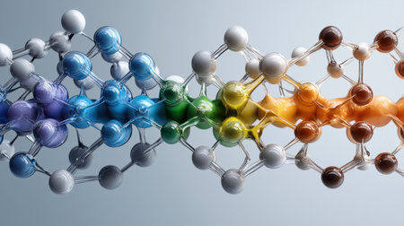 A colorful line of molecules with a rainbow of colors. Concept of complexity and diversity in the world of chemistryの素材