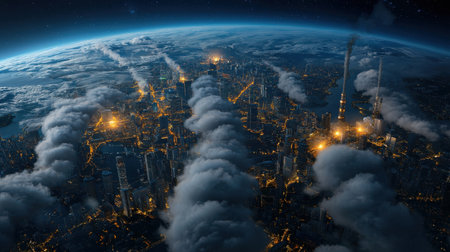 A city is shown in the sky with a lot of smoke and clouds. The city is lit up at night, giving it a mysterious and ominous atmosphereの素材