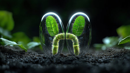 Two green leaves are in a glass container, one of which is a caterpillar. The caterpillar is curled up and he is sad. Concept of loneliness and vulnerabilityの素材