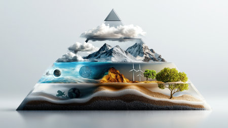 A pyramid with a mountain on top and a tree on the bottom. The pyramid is made up of different layers, each representing a different aspect of nature. The top layer has a cloudの素材