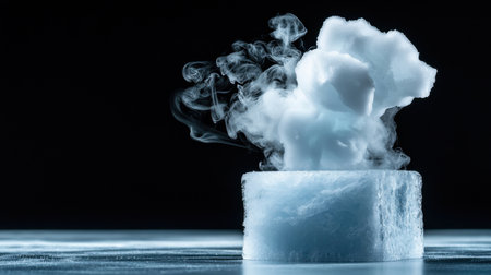 A cube of ice is surrounded by smoke and steam. Concept of danger and destruction, as the ice melts and the smoke rises. The contrast between the cold, solid ice and the hotの素材