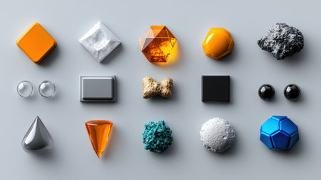 A collection of various shapes and sizes, including a blue sphere, a yellow cube, and a white squareの素材