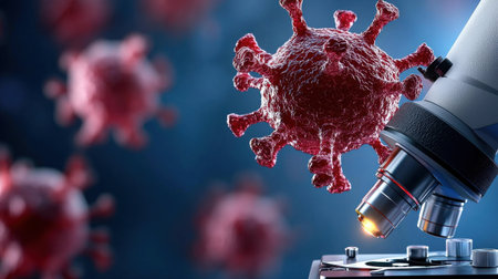 A microscope is focused on a red virus. The microscope is on a table. Concept of scientific curiosity and explorationの素材