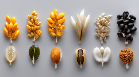 A collection of various fruits and vegetables are arranged in a row. Concept of abundance and variety, showcasing the diversity of nature's offerings. The different shapes and colors of the fruitsの素材