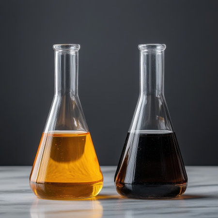 Two glass vials, one containing a yellow liquid and the other containing a black liquid, sit on a tableの素材