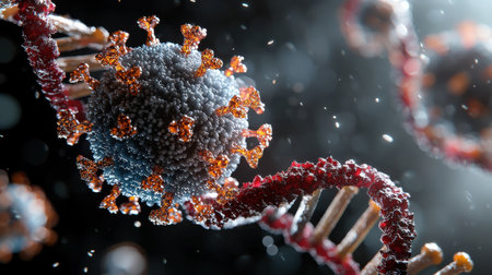 A close up of a DNA strand with a virus on it. The virus is orange and the strand is redの素材