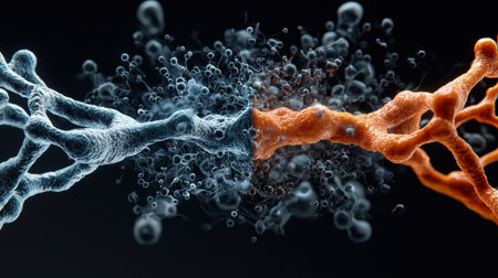 Two strands of DNA are shown in a close up, one blue and one orange. Concept of the complexity of life and the importance of genetic information. Scene is one of wonderの素材