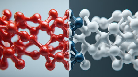 Two different colored molecules are shown side by side. The red molecule is made up of many small spheres, while the blue molecule is made up of larger spheresの素材