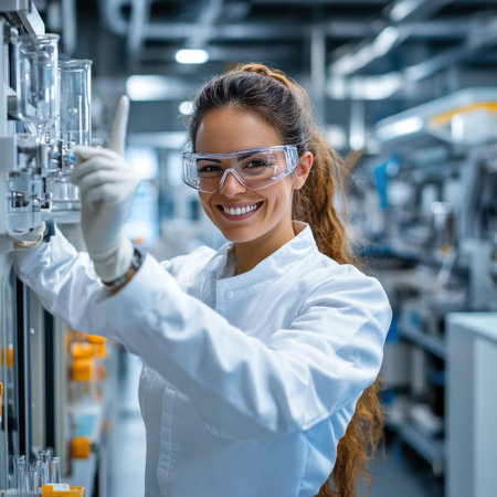 A woman in a lab coat is smiling and pointing at something. She is wearing safety goggles and glovesの素材