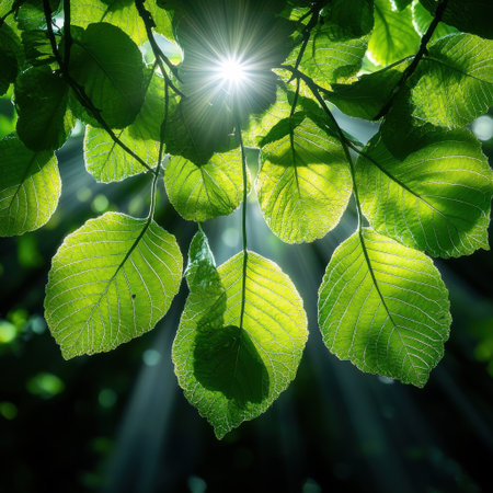 A tree with leaves that are illuminated by the sun. The leaves are green and appear to be in a state of growth. The sunlight creates a warm and inviting atmosphere, making the scene feel peacefulの素材